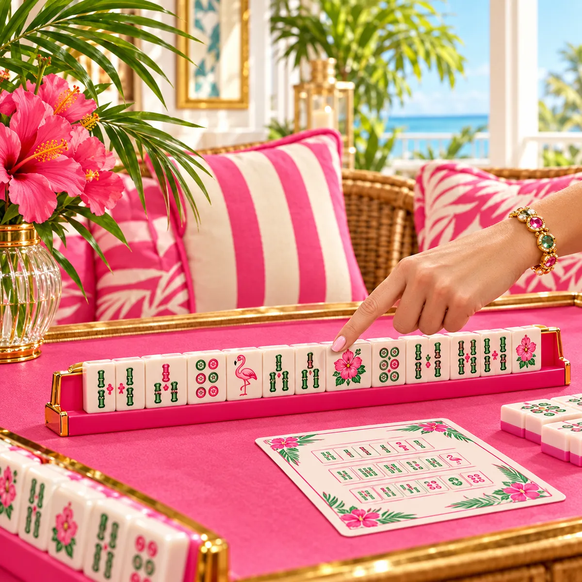 An instructor pointing to a rack of pink and green mahjong tiles beside a playing card