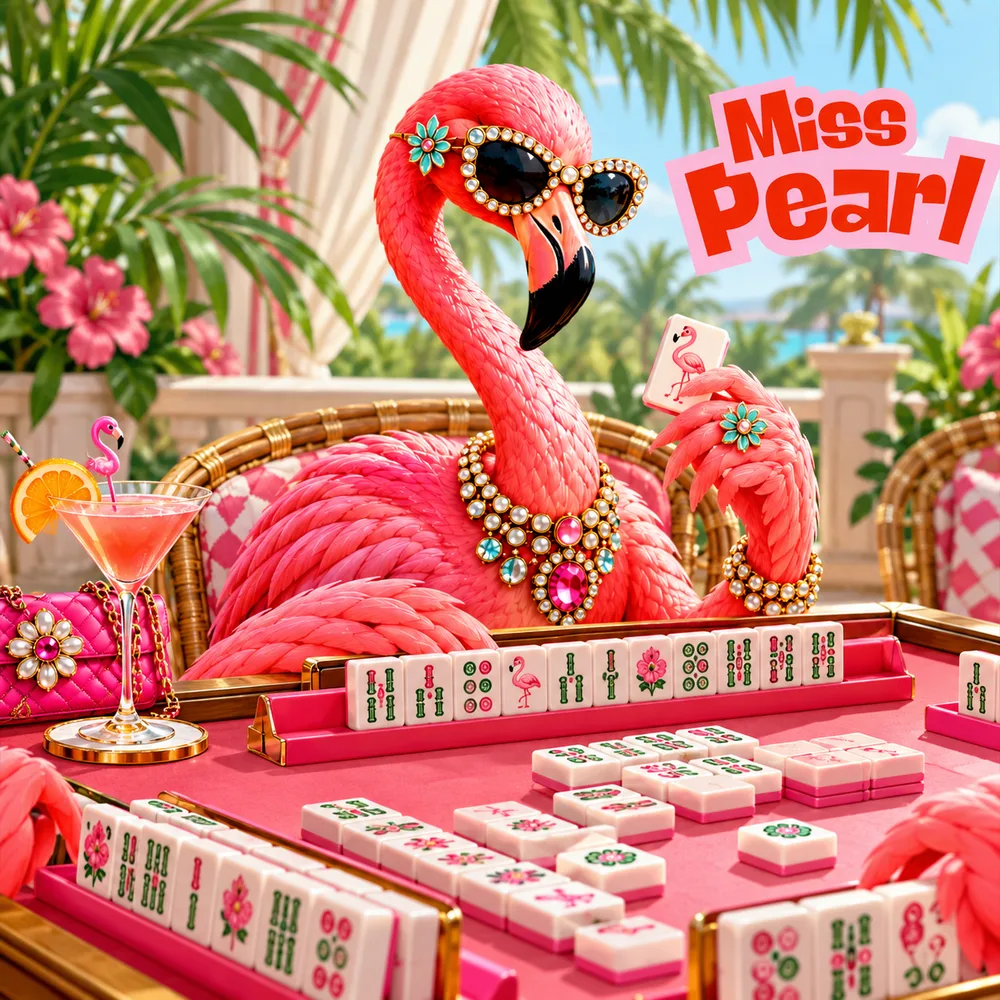 Miss Pearl, a pink flamingo in pearl sunglasses, playing mahjong at a pink table